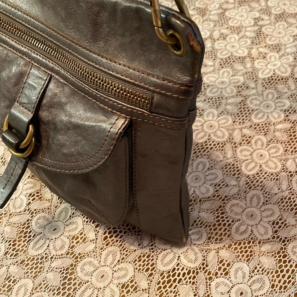 Fossil Leather Grey Rustic Crossbody Shoulder Bag Purse ~ Brass Hardware - Picture 9 of 14